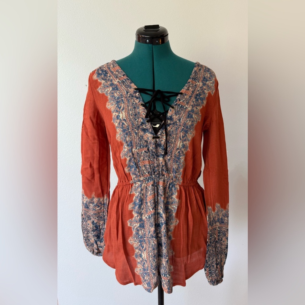 Free People Orange and Blue Bishop Sleeve Sundress